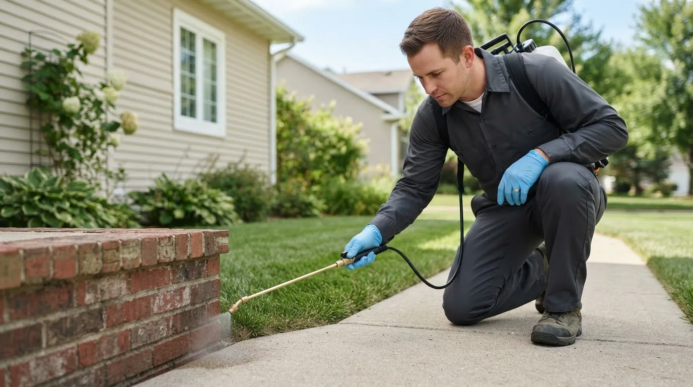 Pest control technician treating a home near Masury, OH