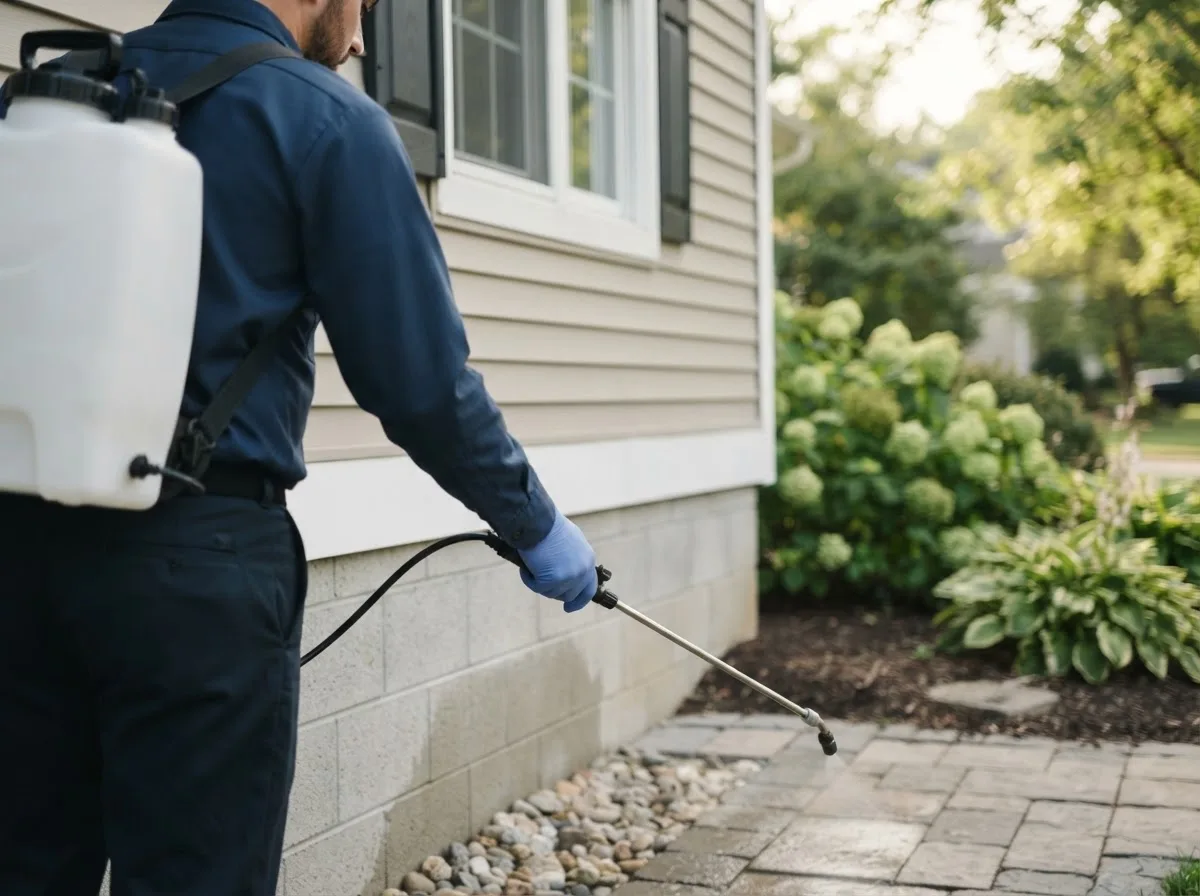 Pest control technician inspecting a home in Masury, OH